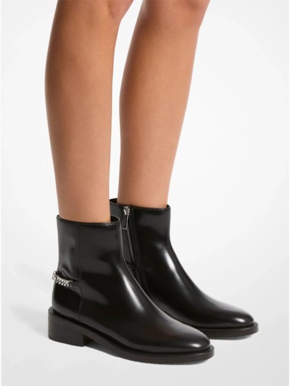 Michael Kors Carlisle Ankle Boots Booties 6.5 Black Leather Chelsea Silver Chain